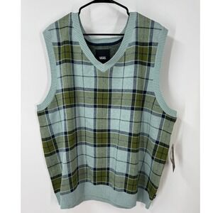 Vans Mens Almondwood Preppy Plaid Sweater Vest Blue Green VN000HDVM8I Large NWT‎